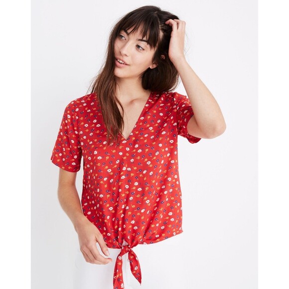 Madewell Novel Tie-Front Top in Prairie Posies Red Short Sleeve V-Neck Size XS - Picture 1 of 13